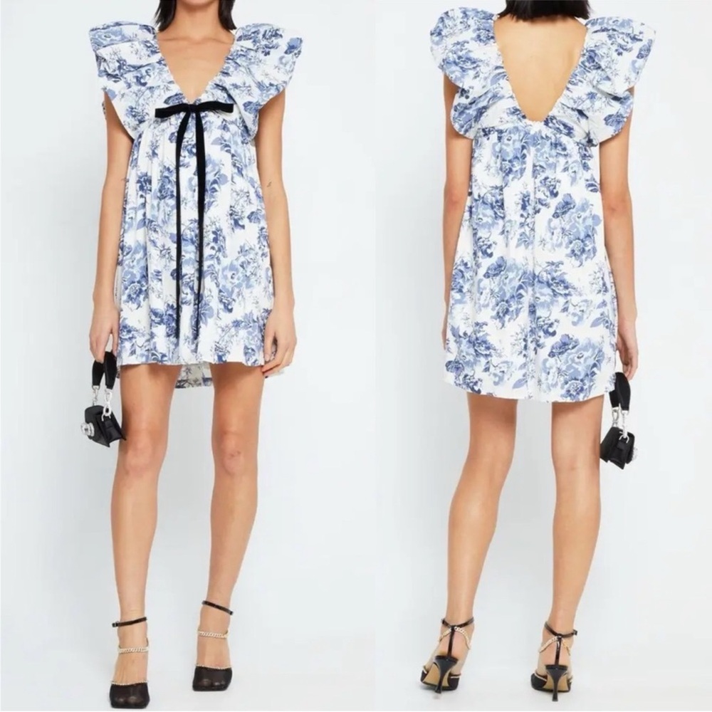 REVOLVE O.P.T didi Blue and White Floral Ruffle Mini Dress with Bow